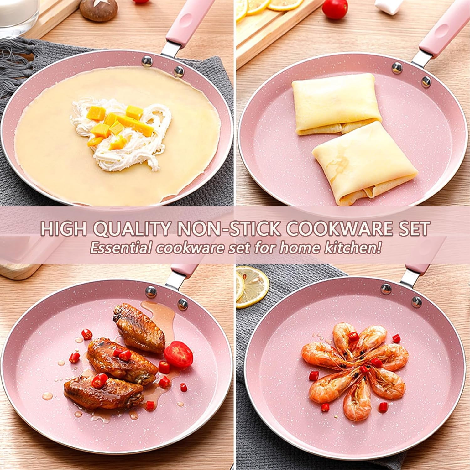 Nonstick Frying Pan Set, 3 Piece Pink Cookware with Non Stick Coating for All Stoves