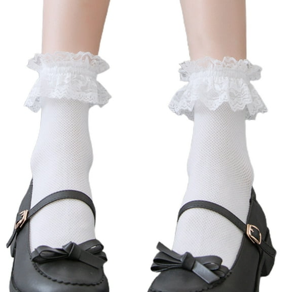 HGYCPP Japanese Women Girls Cotton Ankle Socks Harajuku Lolita Kawaii Ruffle Frilly Top Trim Lace Solid Color Princess Student Uniform Anklet Hosiery