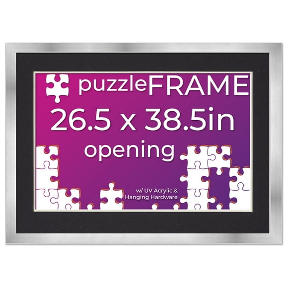 26.5x38.5 Frame for Jigsaw Puzzles - Wooden Silver Puzzle Frame with Mat (Black) For Puzzles Measuring 26.5x38.5 Inches
