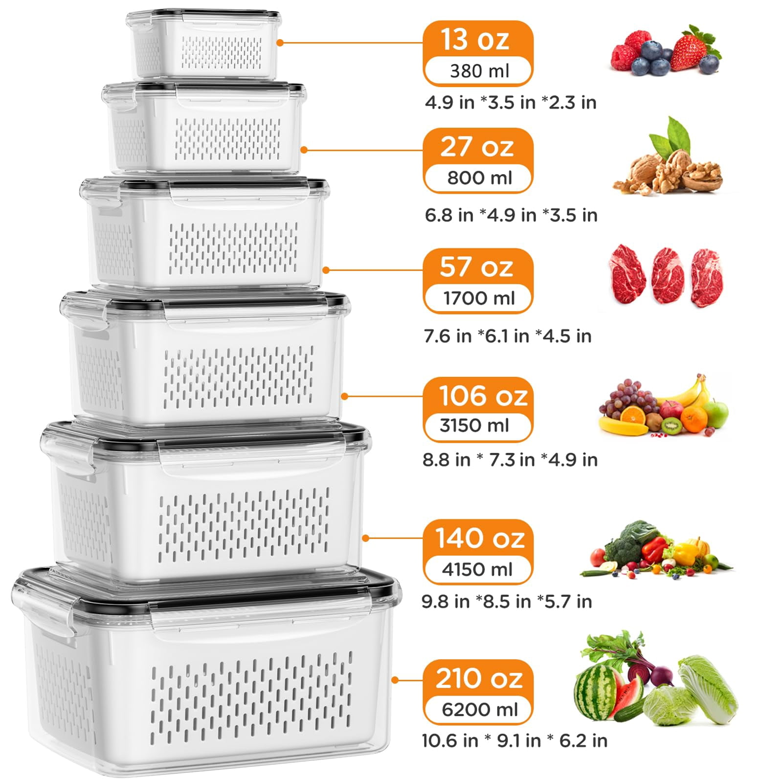 6 Fruit Storage Containers For Fridge With 6 Removable Colanders  Bpa Free Food Dishwasher & Microwave Safe Produce Keep Fruits Vegetables Berry Meat Fresh Longer