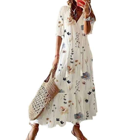 LilyLLL Women Holiday Floral Sundress Short Sleeve V Neck Big Swing A-line Maxi Dress