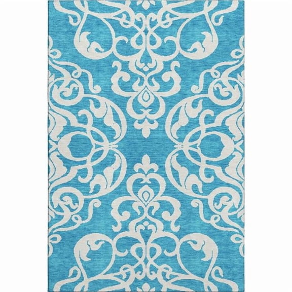 HomeRoots 676961 9 x 12 ft. Turquoise & Ivory Damask Washable Machine Made Rectangle Area Rug with UV Protection