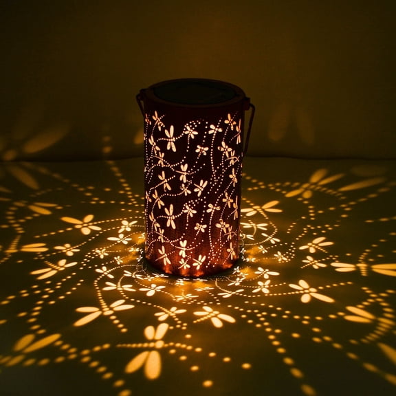 Qoosea Solar Lanterns Outdoor Waterproof, Solar Lights Outdoor Garden Decor, Metal Hanging Solar Lantern Dragonfly Projection for Porch Backyard Patio Yard decorations
