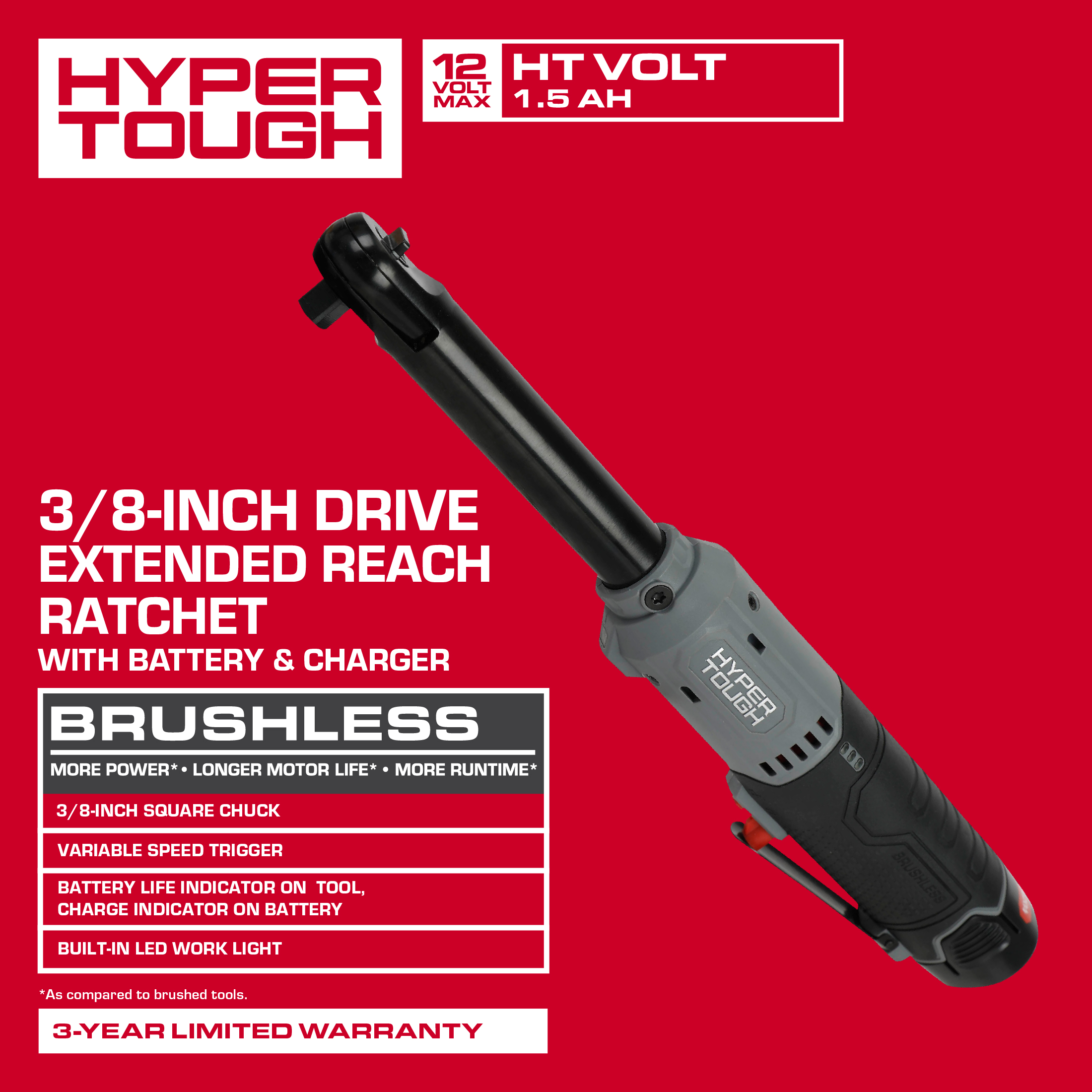 Llave de carraca inalámbrica Hyper Tough de 12V Max sin escobillas de 3/8 de pulgada de alcance extendido con batería de 1.5Ah 3
