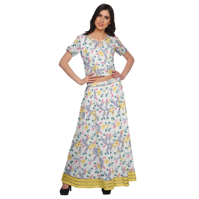 Moomaya Ensemble Haut Court Élégant Imprimé et Jupe Longue Robes Ethniques pour Femmes