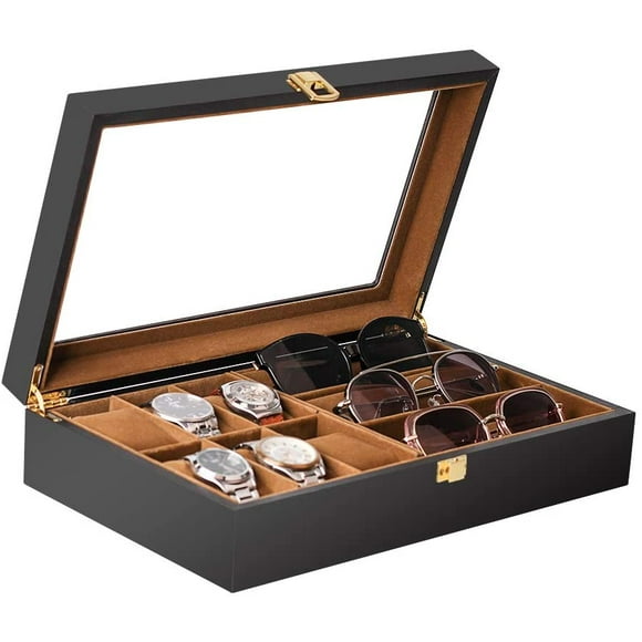 Baskiss 6 Slots Watch Box and 3 Slots Eyewear Sunglass Storage Box, Solid Wood Watch Display Storage Case