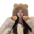thumbnail image 5 of harmtty Women Plush Hat with Bear Ears Pompoms Strap Autumn Winter Soft Fuzzy Warm Windproof Outdoor Cycling Girls Ear Cap Khaki, 5 of 8