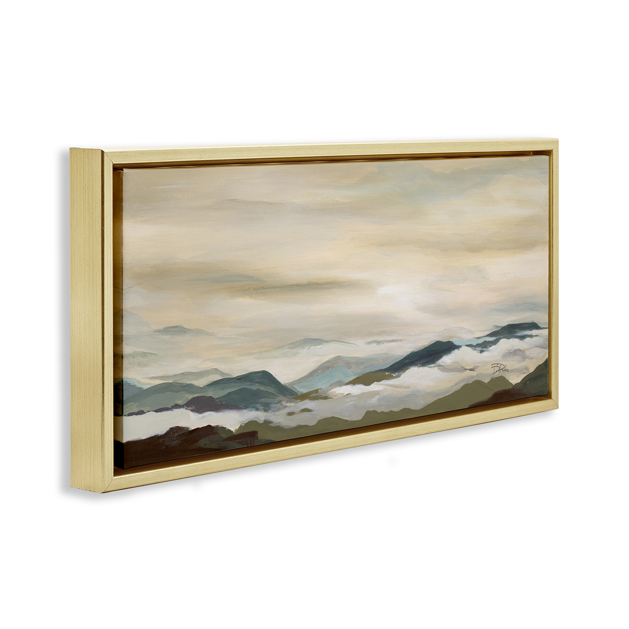 Stupell Industries Solemn Mountains Peeking Landscape Painting Gold Floater Framed Canvas Art Print Wall Art, 25 x 11