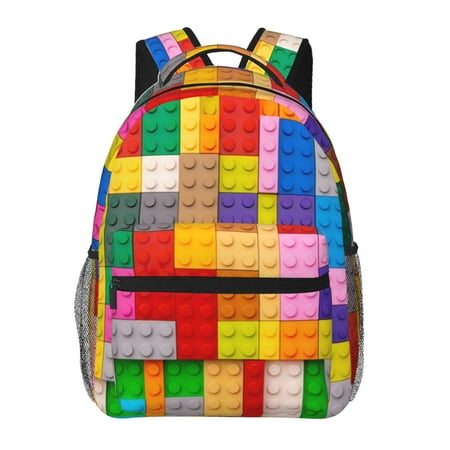 Ratiio Colorful Plastic Blocks Pattern Print Eco-Friendly Casual Backpack, Water-Resistant Polyester Canvas Daypack with Smooth Zippers, Comfortable & Durable Travel Bag with Laptop Compartment