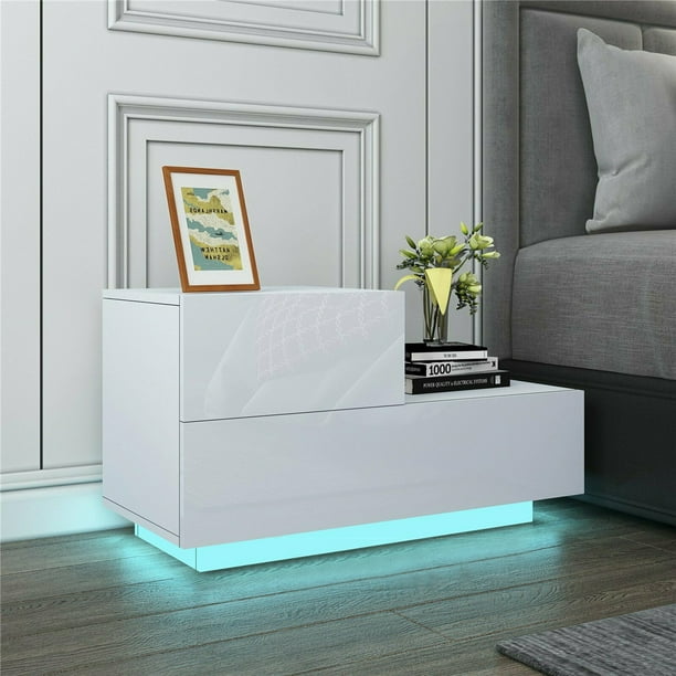 High Gloss L Shaped Bedroom Night Stand, with RGB LED Backlight, 2