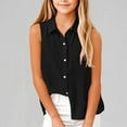 thumbnail image 2 of Fesfesfes 5-16 Years Girls Cotton Linen Shirts Solid Color Sleeveless Summer Vacation Tunic Tops Oversized Tshirts V Neck Dressy Blouses Button Turn Down Tops(Black,13 Years), 2 of 7