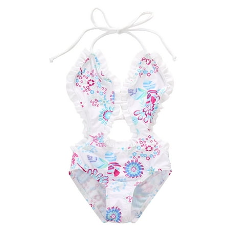 

Genuiskids Summer Toddler Baby Kids Girls Swimwear One-Piece Jumpsuit Floral Printed Sleeveless Backless Bandage Ruffled Vacation Beach Swimsuit 1-6T