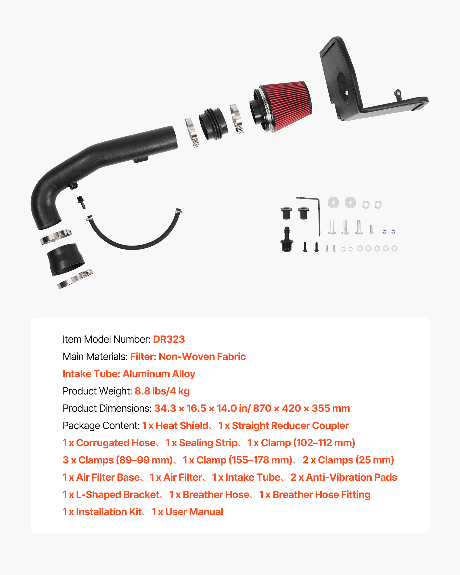 VEVOR Cold Air Intake, 3.5 Inch Cold Air Intake System + Heat Shield Compatible with 2009-2013 Chevy Silverado/GMC Sierra 1500 4.8L/5.3L/6.2L,High Flow Filter Kit Improve Horsepower/Throttle Response