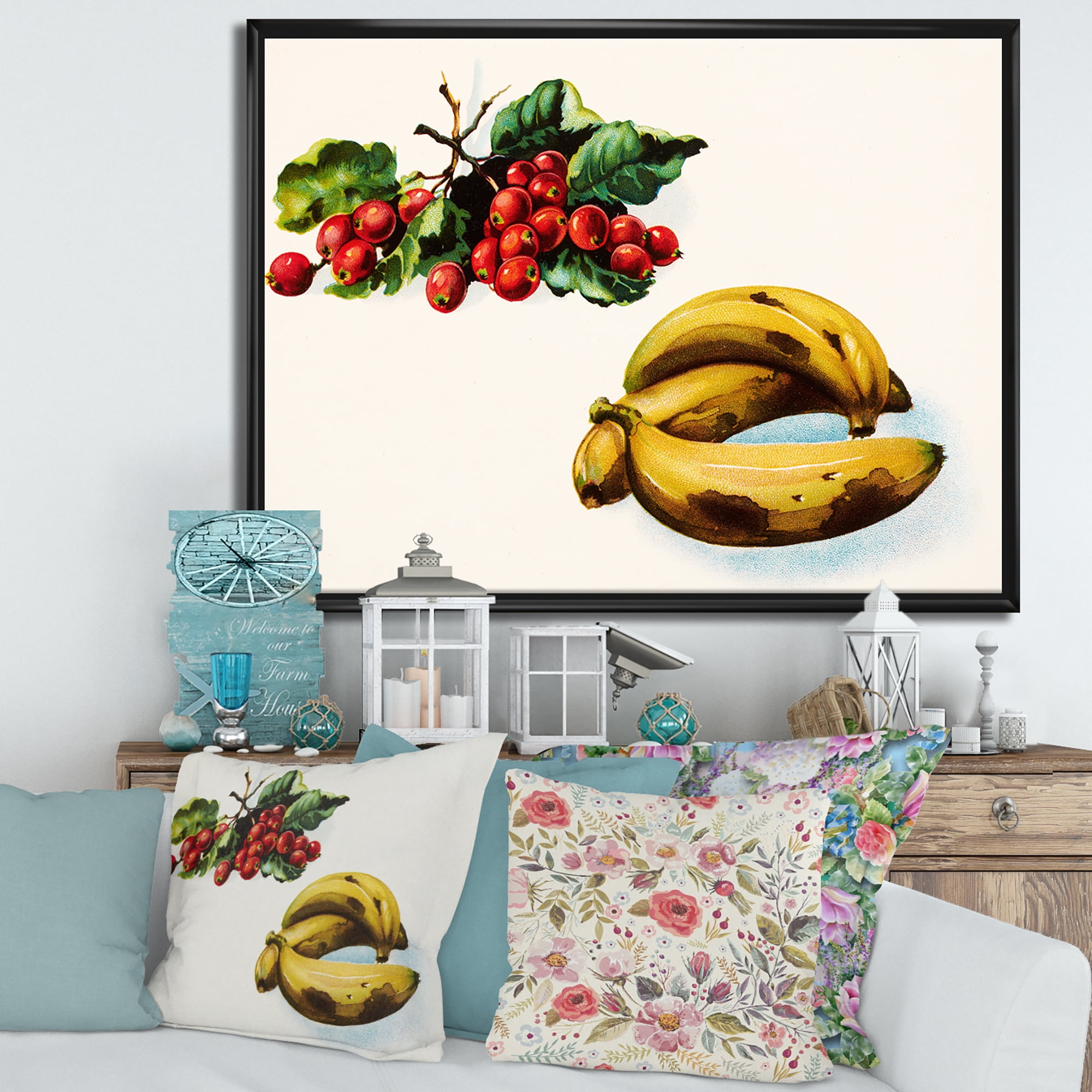 Designart 'Red Berries and Banana' Farmhouse Framed Canvas Wall Art Print