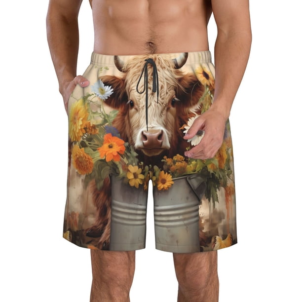 Fotbe Bucket Flower Cow Trajes de Baño Estampados para Hombre, Shorts de Verano de Secado Rápido, Ropa de Playa, Bañadores-Large
