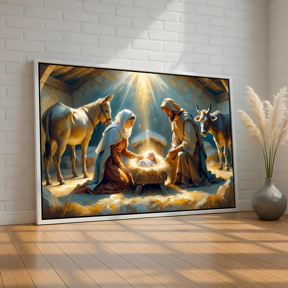 Nativity Scene Wall Art, Glowing Kristmas Manger Print, Holy Family Religious Decor For Home Or Church, Ready To Hang Warm Present Vintage UNFRAMED Poster Size 8x12
