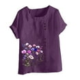 thumbnail image 4 of QIUOMBBP Womens Floral Print Tshirts Linen Roll Up Short Sleeve Plus Size Crew Neck Tops Loose Comfy Summer Lightweight Shirts Purple M, 4 of 5