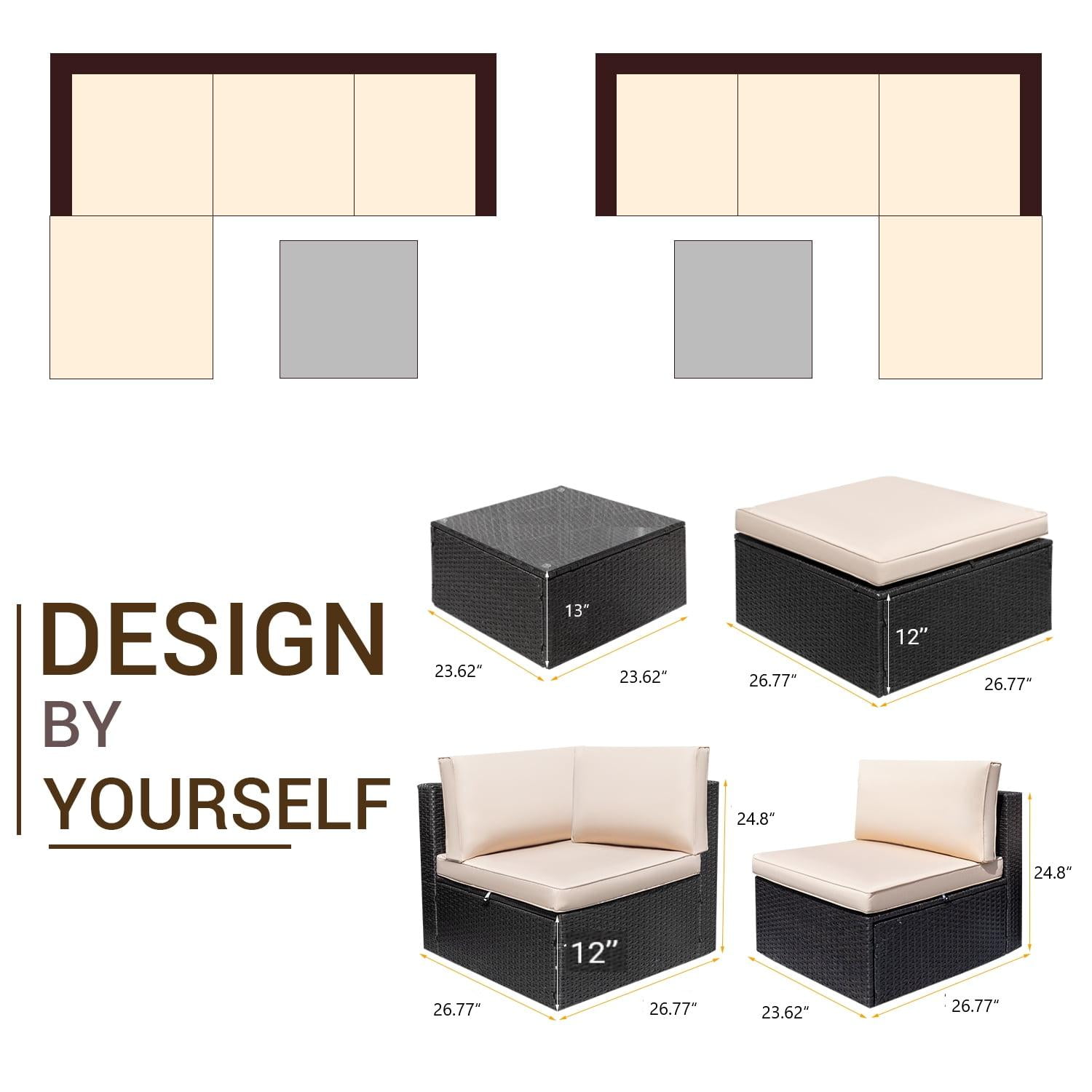 Devoko 5 Pieces Patio Sectional Set Outdoor Wicker Rattan Conversation Sofa, Beige