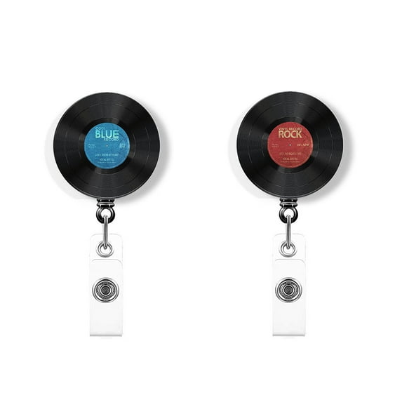 WIRESTER Set 2pcs Design Acrylic Key Card Holder Belt Clip Reel Id Badge Retractable - Vintage Vinyl Record Blue & Vintage Vinyl Record Red