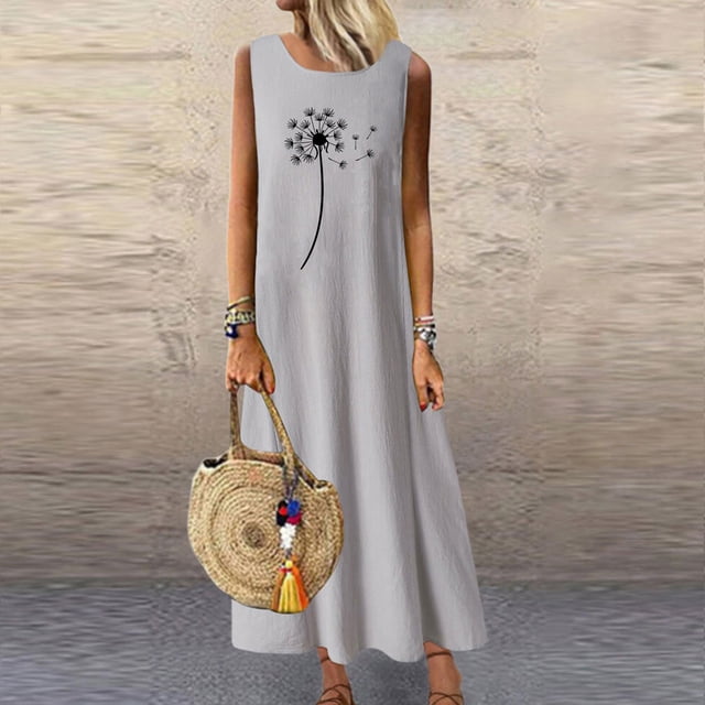 Fankiway Robes de Mode pour Femmes Été Décontracté Col Rond Sans Manches avec Poches Vacances Plage Longue Robe Robes d'Été pour Femmes Robes Sans Manches pour Femmes Grande Taille