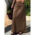 thumbnail image 3 of Coffee Brown Denim Maxi Skirt With Front Slit Loose Casual Style, 3 of 21