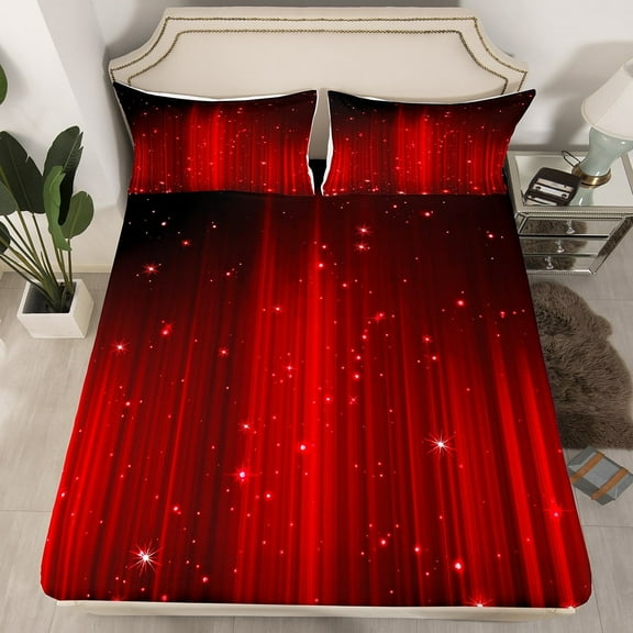 Erosebridal Abstract Ombre Fitted Sheet Twin Red and Black Bedding Set for Teen Room Decor,Glitter Striped Sheets with 1 Pillow Case,No Flat Sheet