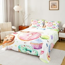 jejeloiu Sweet Doughnut Bed Sheets,Colorful Dessert Theme King Sheets,3D Cake Ice Cream Sheet Set For Girls Kids,Microfiber Bedroom Decor,4-Piece