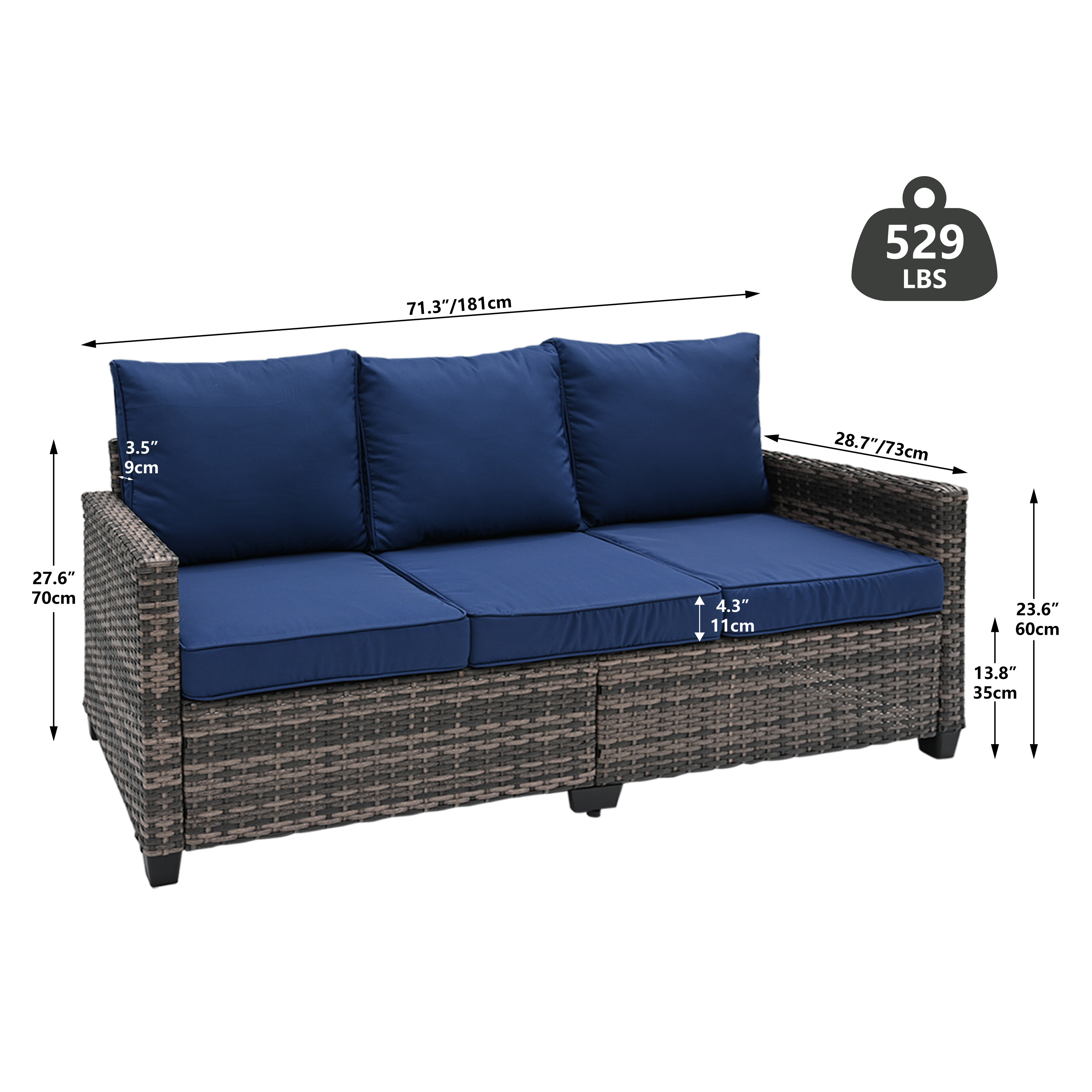 3-Seat All-Weather Outdoor Rattan Sofa with High Back, Premium Brown Wicker and Navy Blue Cushions for Garden