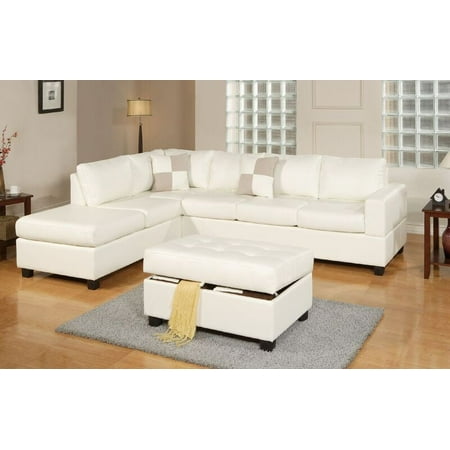 Bobkona Soft Touch Reversible Bonded Leather Match 3 Piece Sectional Sofa Set White
