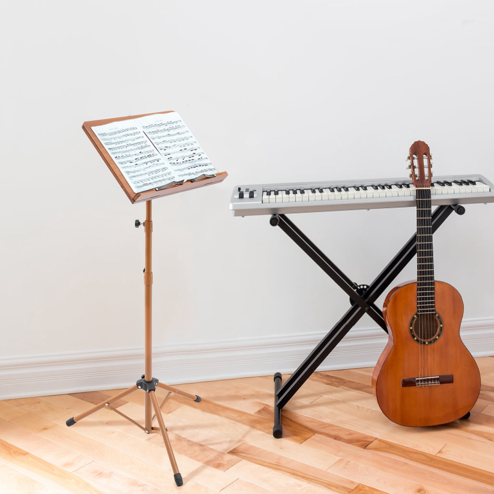 Miumaeov Adjustable Hollow Music Stand 27.56-70.87in, Foldable Portable Sheet Music Holder with Lattice Tray, Lightweight Metal Orchestra Stand