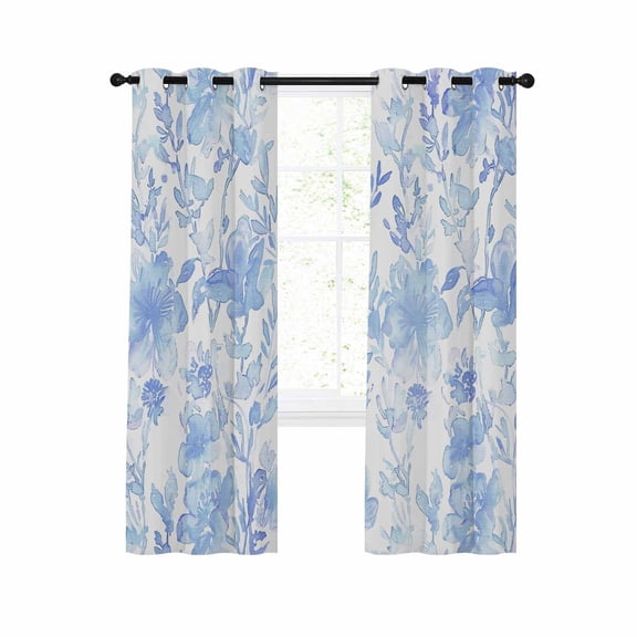 Watercolor Blue Floral Blackout Curtains 63 Inches Long for Bedroom, Blue Ombre Botanical Summer Thermal Insulated Room Darkening Black Out Window Curtain Panels Grommet Drapes for Living Room
