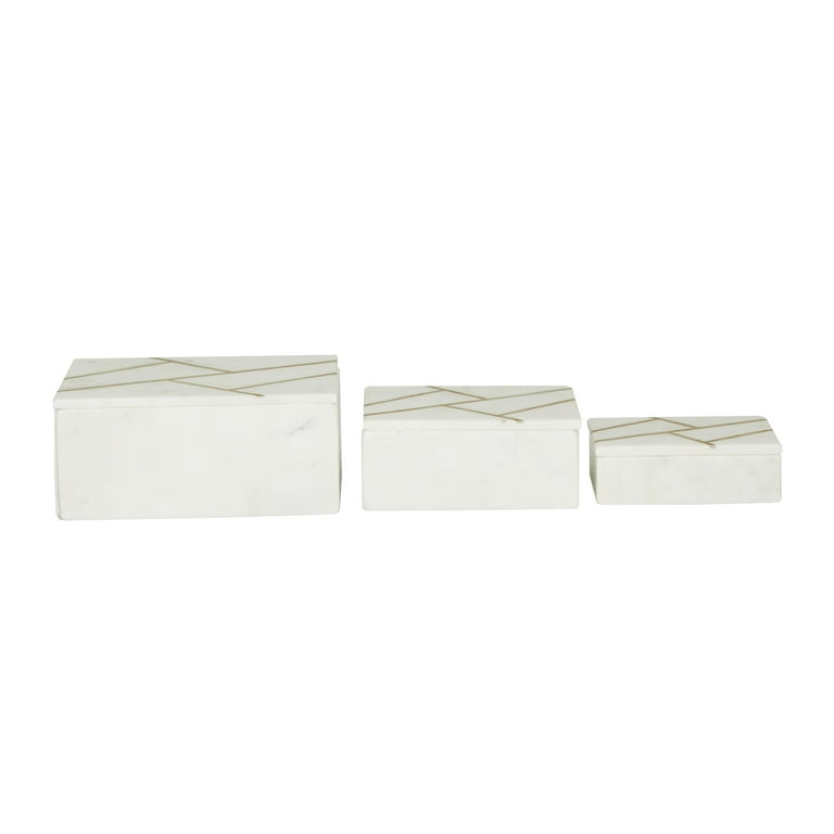 Decmode White Marble Decorative Box with Gold Linear Lines, 3 Count, Size: Small