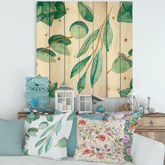 Designart 'Young Eucalyptus Branches and Leaves III' Traditional Print on Natural Pine Wood