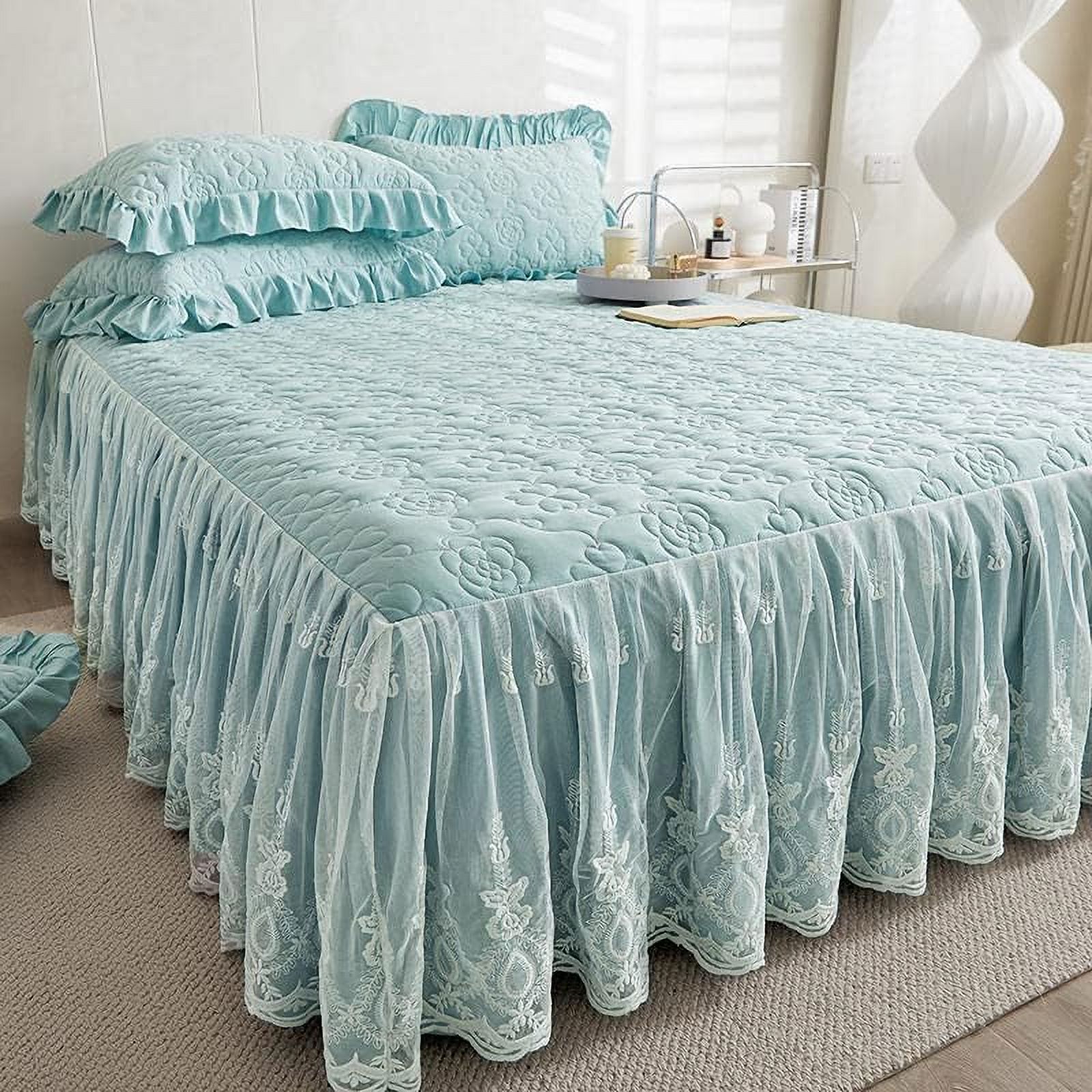 Flower Pattern Quilted Brocade Cotton Bedspread with Lace Ruffled Bed Skirt, Queen Size, Light Turquoise