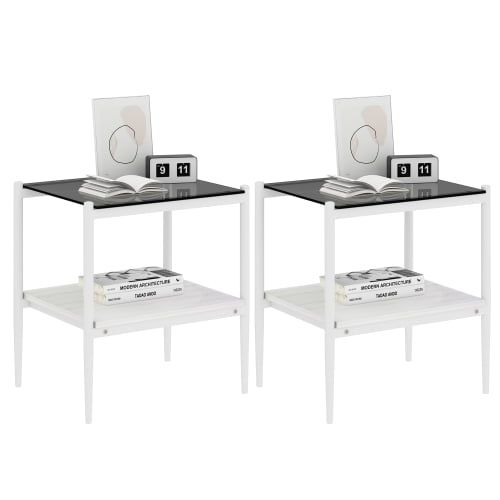MOONMISS 2 Pack Rectangle End Table, Tempered Glass Top Side Table with MDF Frame, Modern Transparent Glass Accent Table for Living Room, Bedroom, Home Decor, White/Black