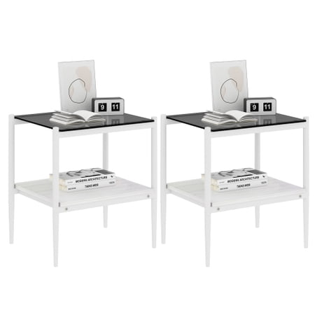 Set of 2 Rectangle End Table Gray Tempered Glass Tabletop with MDF Layer White Metal Legs for Living Room. Bedroom