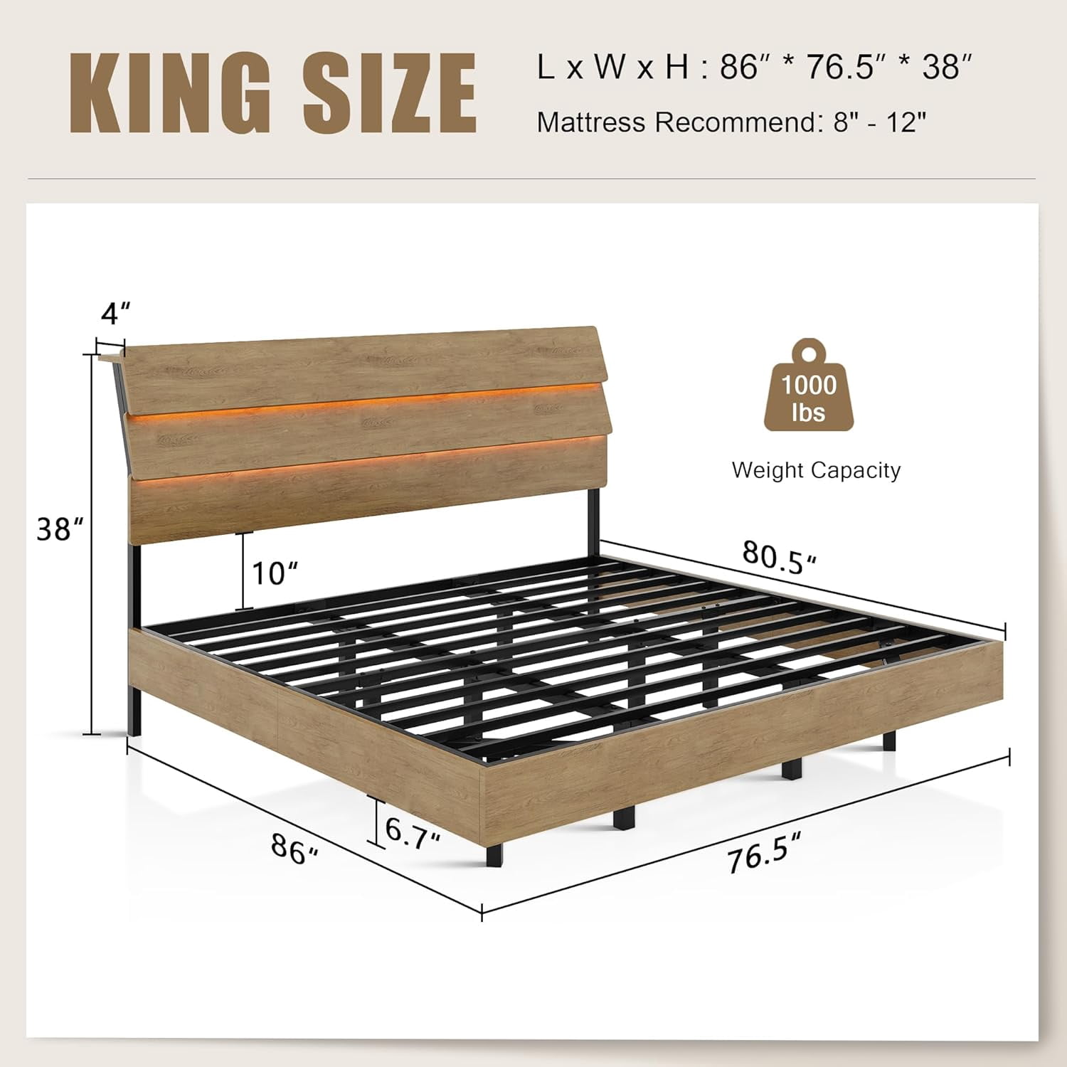 Feonase King Floating Bed Frame with LED Lights & Charging Station, Platform Bed with Wooden Storage Headboard, Steel Slats Support, No Box Spring Needed, Easy Assembly, Noise-Free,Oak