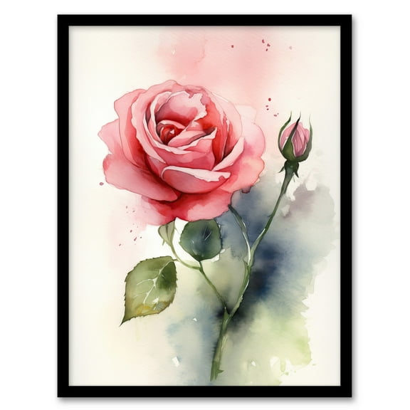 Rose Bloom Flower Soft Watercolour Painting Green Pink Single Bloom With Bud Elegant Spring Romance Nature Colourful Bright Floral Modern Artwork Art Print Framed Poster Wall Decor 12x16 inch