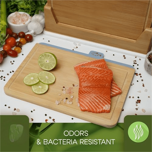 Wooden Cutting Boards for Kitchen – 5-Pcs Cutting Board Set with Holder – Natural Bamboo Chopping Board with Juice Groove – Ideal for Vegetables, Meat, Fish, Bread.