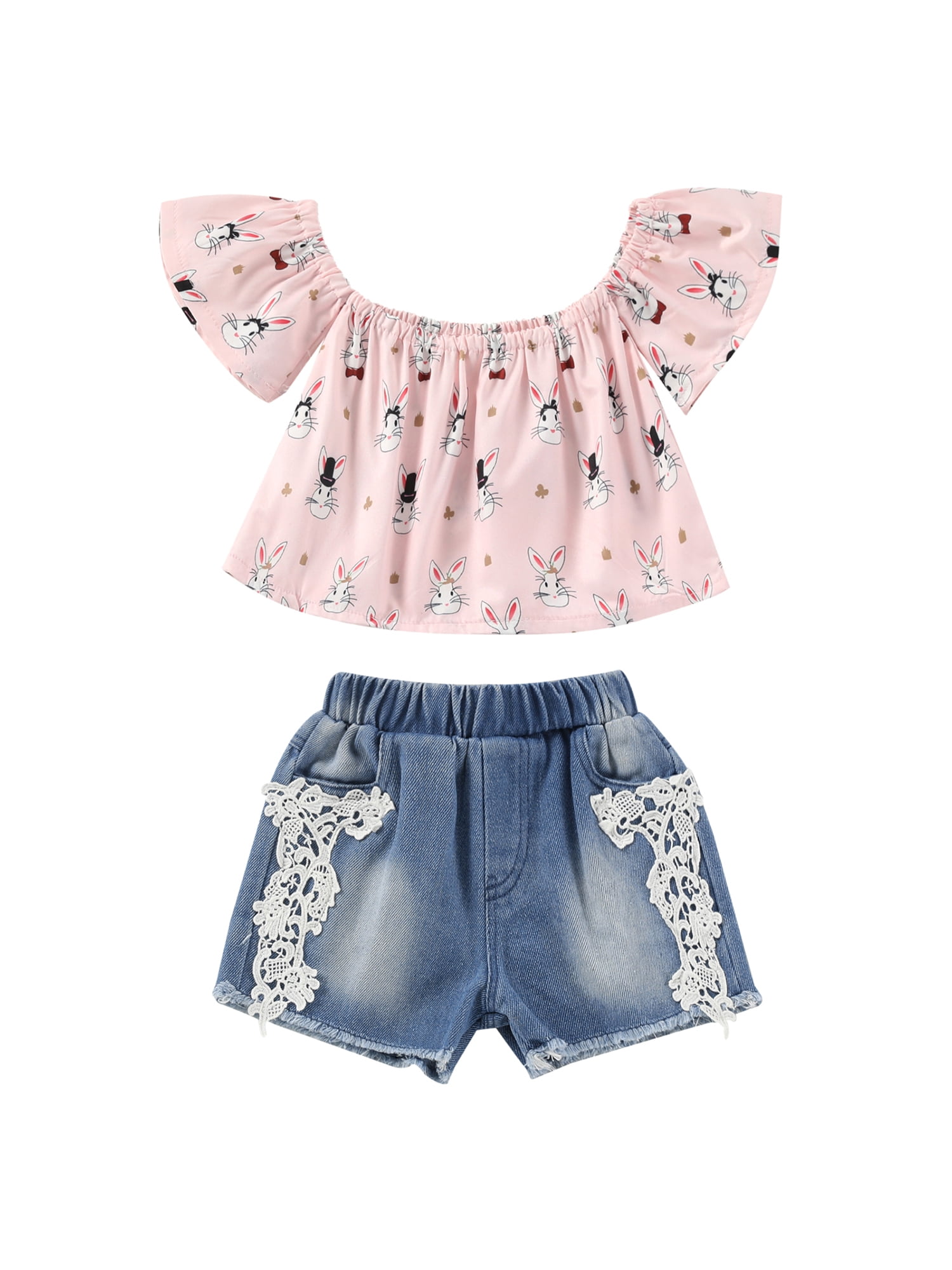 Denim Shorts Skirt Clothes Set Infant Newborn Baby Girl 2Pcs Outfits Lace Off Shoulder Tops