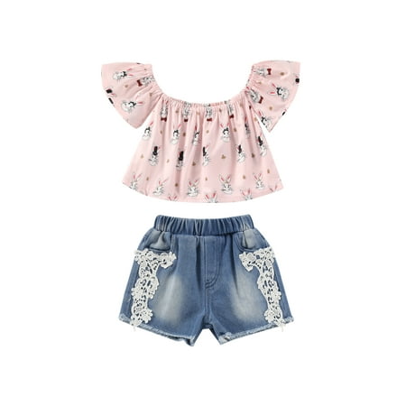 

Easter Days Summer Kids Girls 2PCS Clothes Sets Rainbow Printed Off Shoulder T Shirts Denim Hole Shorts Outfits