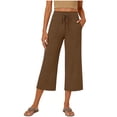 thumbnail image 2 of VBVC Women's High Waisted Wide Leg Capri Pants,Lightweight Stretchy Sweatpants For Women,Ladies Drawstring Waist Cropped Culottes with Pockets,Brown,S-2XL, 2 of 6