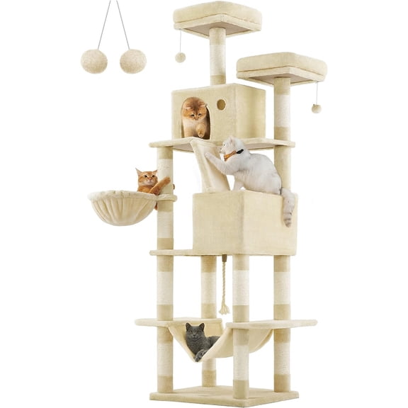 Nordic Hygge Cat Tree, 81.1-Inch Large Cat Tower with 13 Scratching Posts, 2 Perches, 2 Caves, Basket, Hammock, Pompoms, Multi-Level Plush Cat Condo for Indoor Cats, Beige