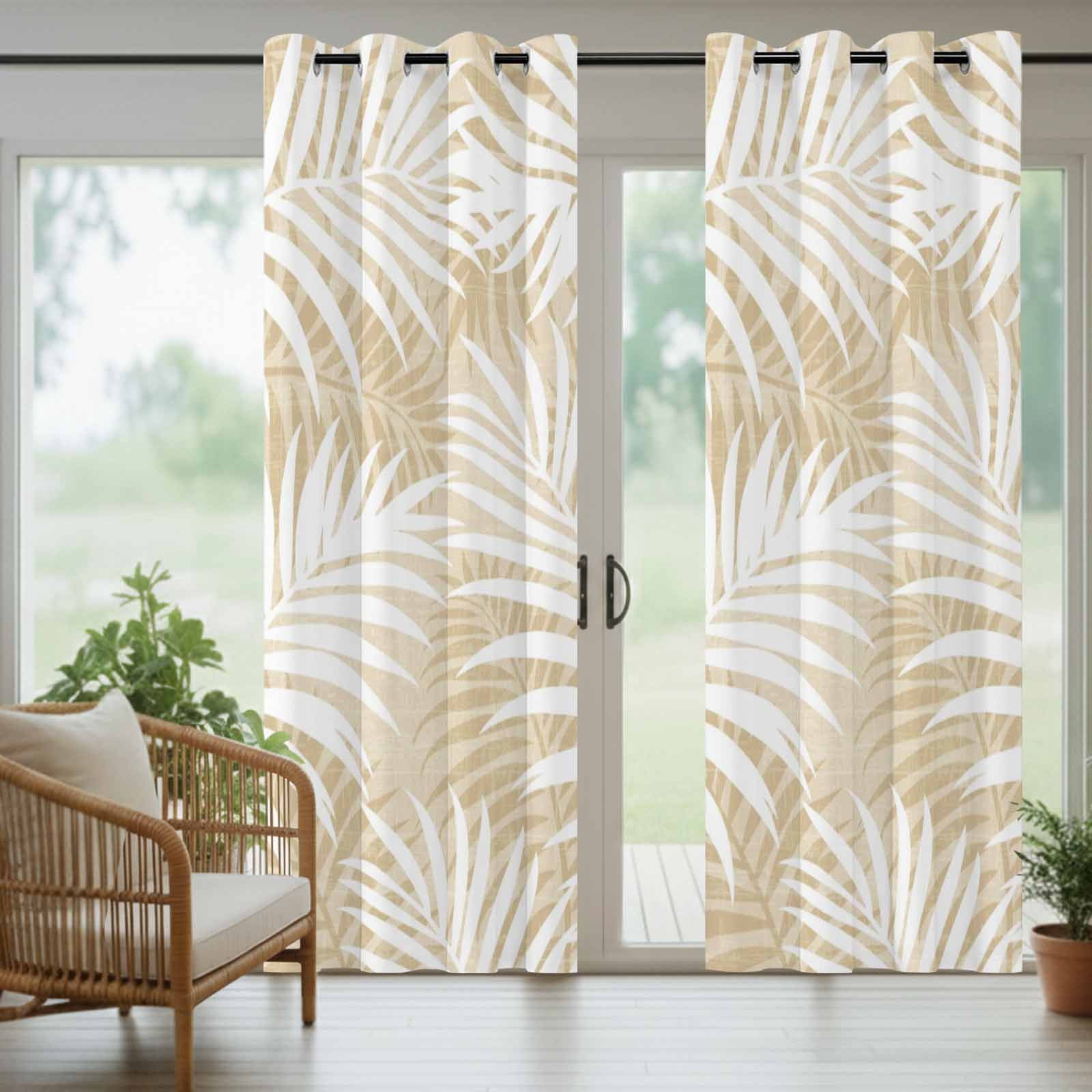 Summer Beige Palm Outdoor Curtains for Patio, Bohemian Country Watercolor Beige Leaf Abstract Stripe Sunshade Privacy Drapes Grommet Waterproof Outside Curtains for Porch Balcony 54"x108", 1 Panel
