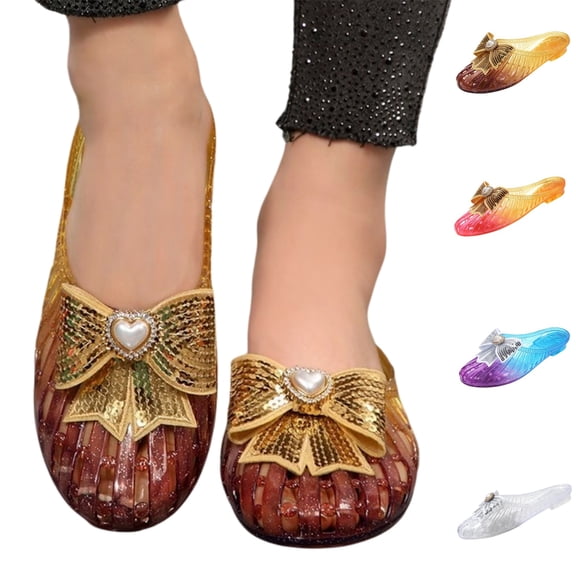 YOUYEDIAN Jelly Sandals for Women Ballet Mesh Flats Shoes Summer Beach Wide Closed Toe Mary Jane Mules Dressy Comfortable Slip on Sandals (Brown)
