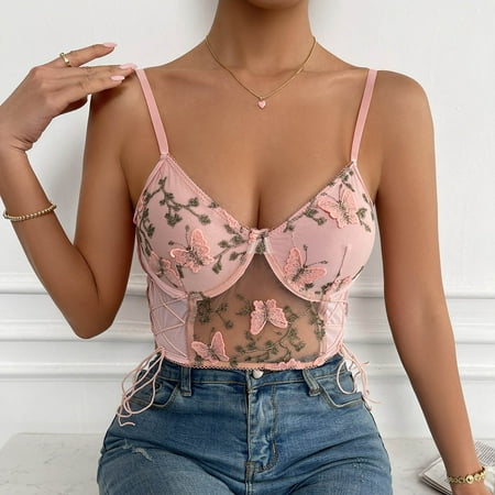Mesh Bras for Women Lingerie Hollow Vest Mesh See-through Butterfly Embroidery Girdle Suspender Corset Non Padded Underwired Unlined Bra