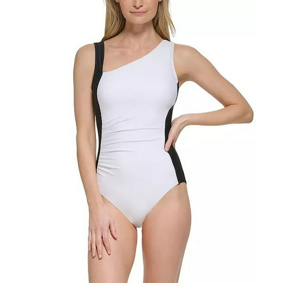 Calvin Klein SOFT WHITE Color Block Asymmetric 1 Pc Swimsuit, US 14, NWOT