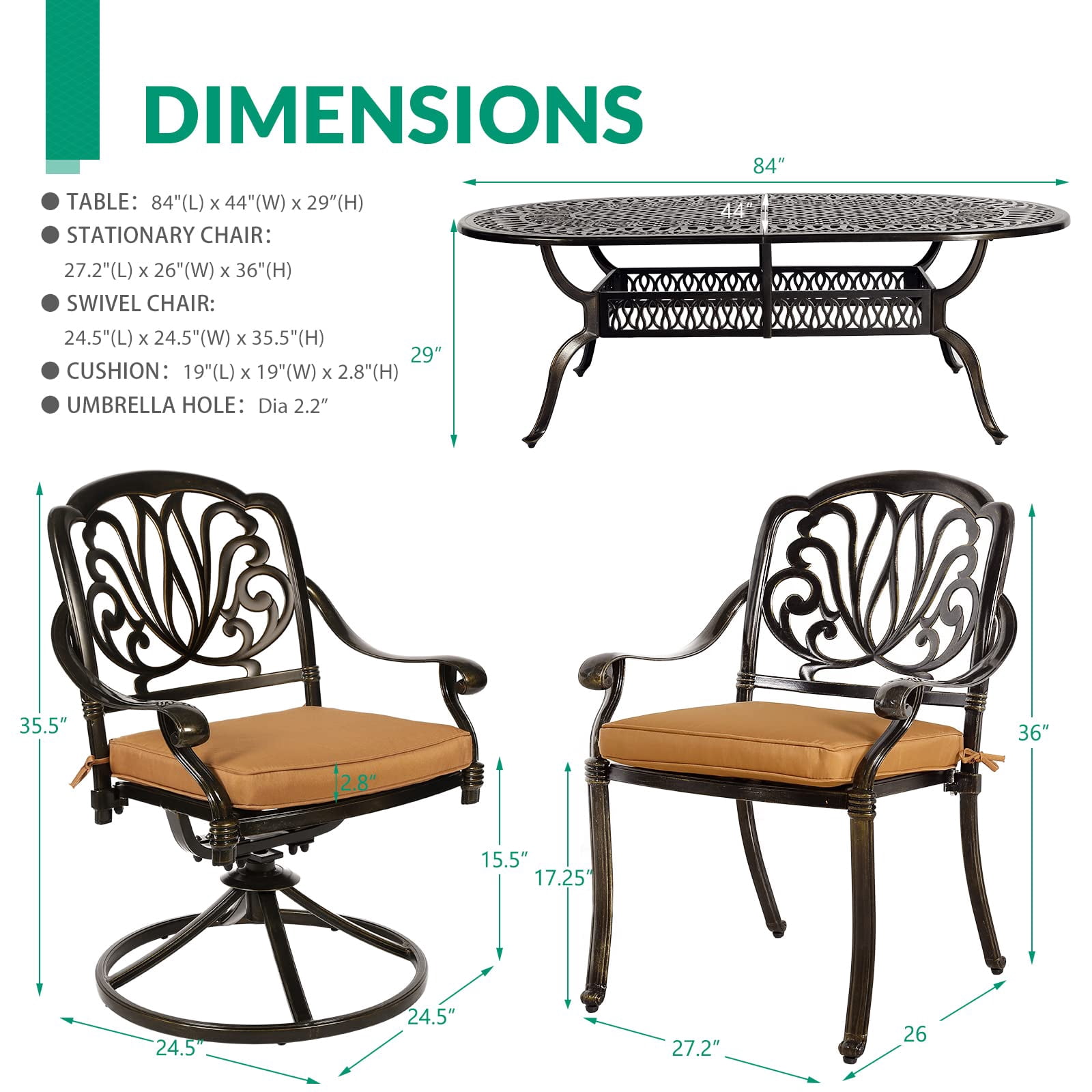 VIVIJASON 9-Piece Outdoor Furniture Dining Set, All-Weather Cast Aluminum Patio Conversation Set, Include 6 Stationary Chairs, 2 Swivel Dining Chairs and an Oval Table with Umbrella Hole