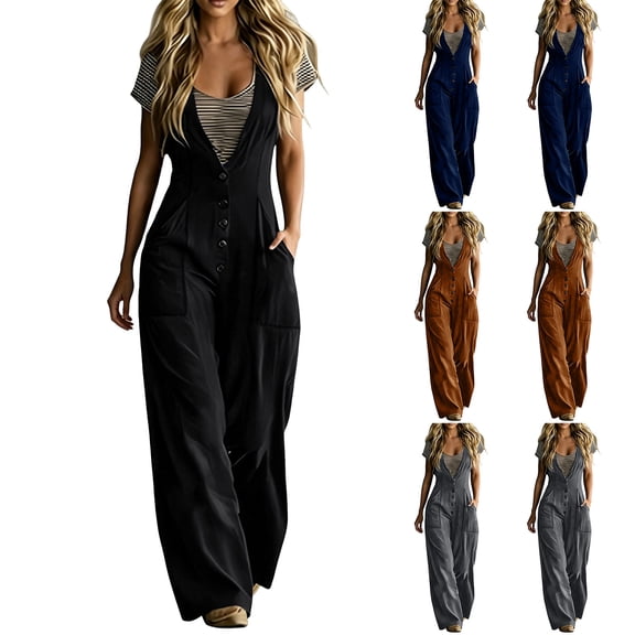 Edvintorg Women's Casual Loose Jumpsuits One Piece Sleeveless Wide Leg Long Rompers with Pockets Plus Size Clothes for Women