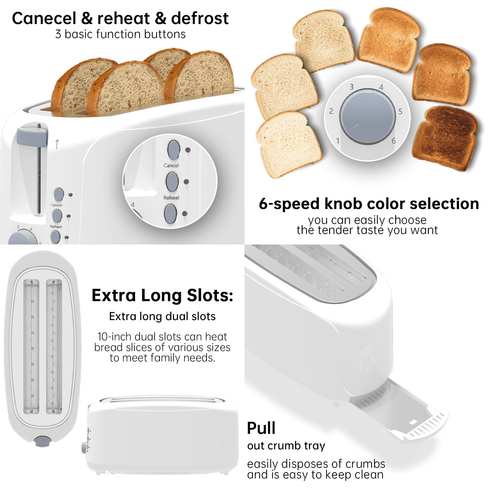 4 Slice Extra Long Slot Toaster with 6 Browning Levels & Defrost/Reheat Functions,White